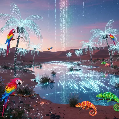 Digital Oasis: Serene Desert Landscape & Binary Code Glow