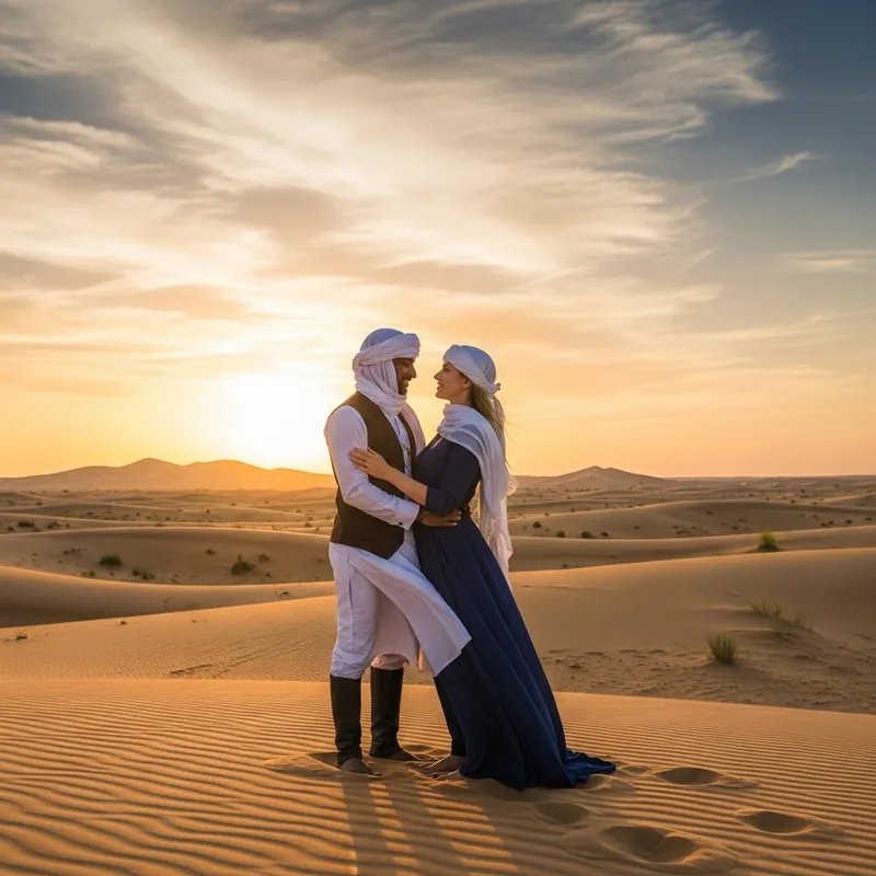 Love in the Desert: Passionate Embrace at Sunset
