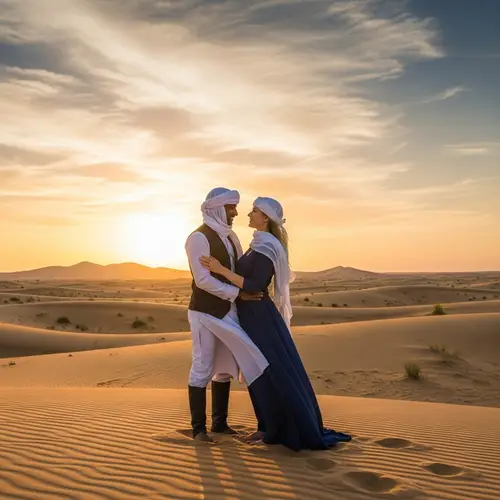 Romantic Desert Sunset: South Asian Man and Caucasian Woman Embrace Love