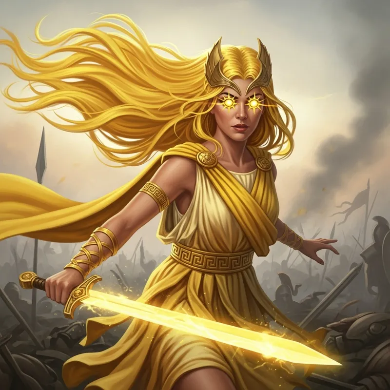 Hispanic Woman Warrior with Dazzling Yellow Sword on Battlefield