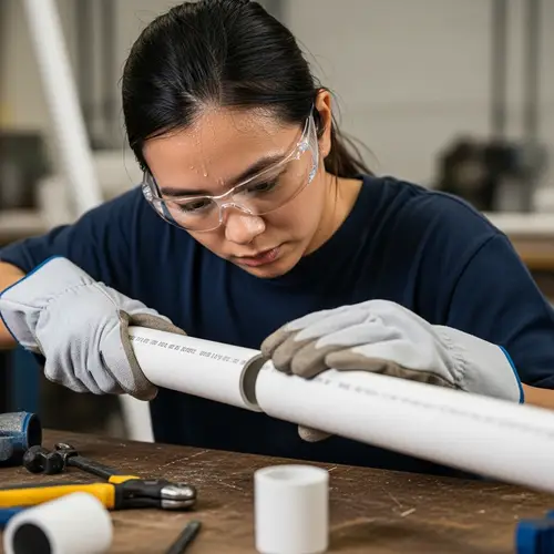 Asian Woman Working Intensely on Fitting PVC Pipes - Workshop Scene