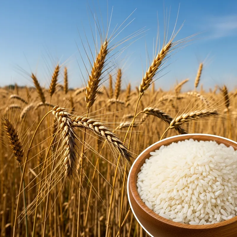 Golden Wheat and Fluffy Rice: A Harvest Tribute Golden Wheat and Fluffy Rice: A Harvest Tribute