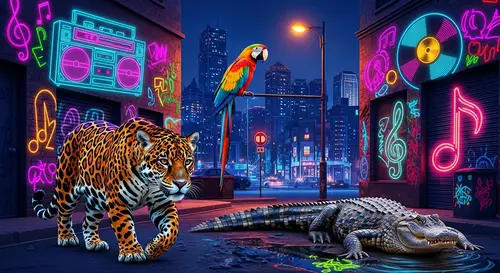 Vibrant Cityscape: Modern Graffiti Neon Music & Animals
