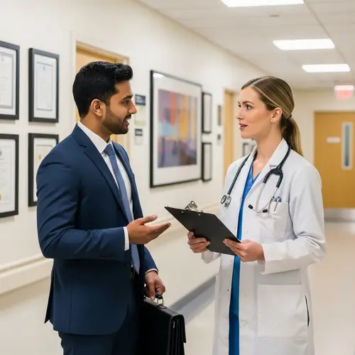 Professional Sales Rep Consults with Female Doctor | Hospital Scene