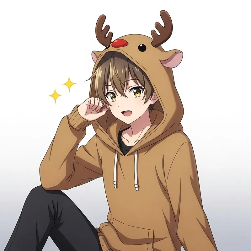 Anime Boy with Dark Blonde Hair in Reindeer Hoodie and Sparkling Eyes
