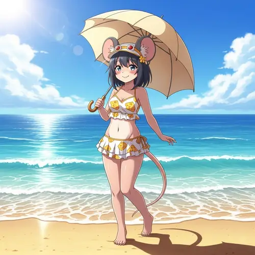 Cute Anime Mouse at Beach: Colorful & Vibrant Scene