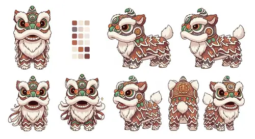 Detailed & Colorful Chibi Chinese Lion Reference Sheet