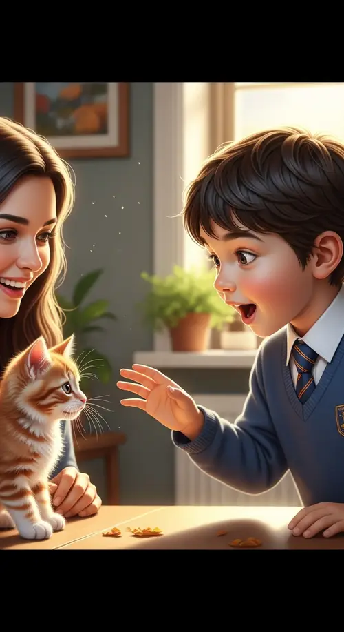 8-Year-Old Boy Receives Red-Haired Kitten: Realistic and Heartwarming Scene