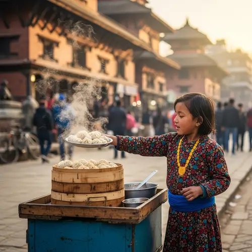 Charming Nepalese Girl Selling Traditional Momos in Kathmandu