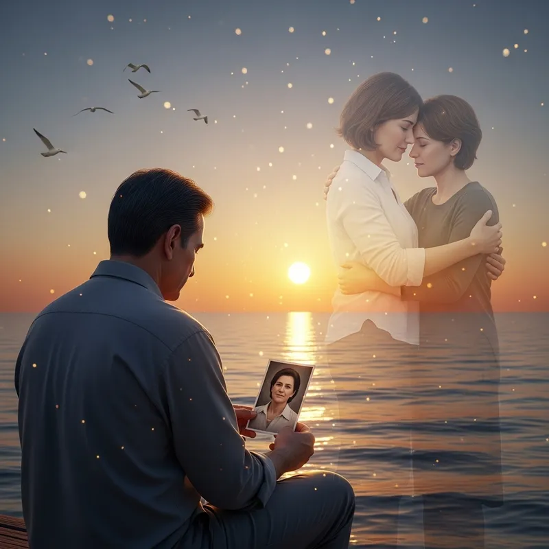 Heartfelt Sunset Moment with Beloved Wife's Memory by the Sea