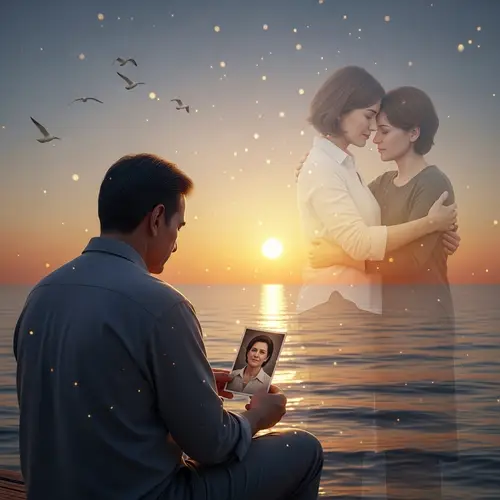 Middle Eastern Man by the Sea Contemplating Sunset with Memories