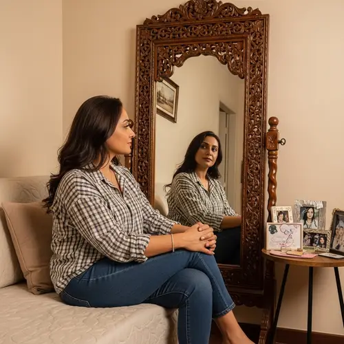 Middle-Eastern Woman Aged 44 Sitting in Front of a Beautifully Carved Wooden Mirror