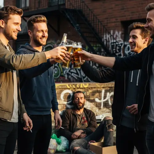 Young Men Toasting Beer in Urban Setting | Unwell Man in Background