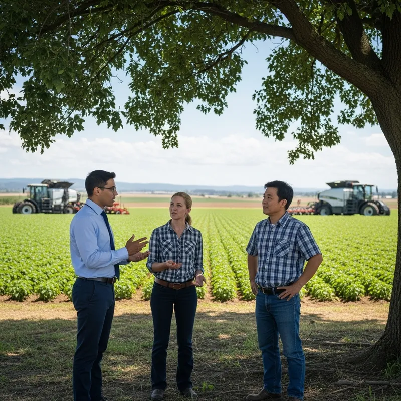 Agronomist Conversing with Farmers in Field with Agricultural Innovation