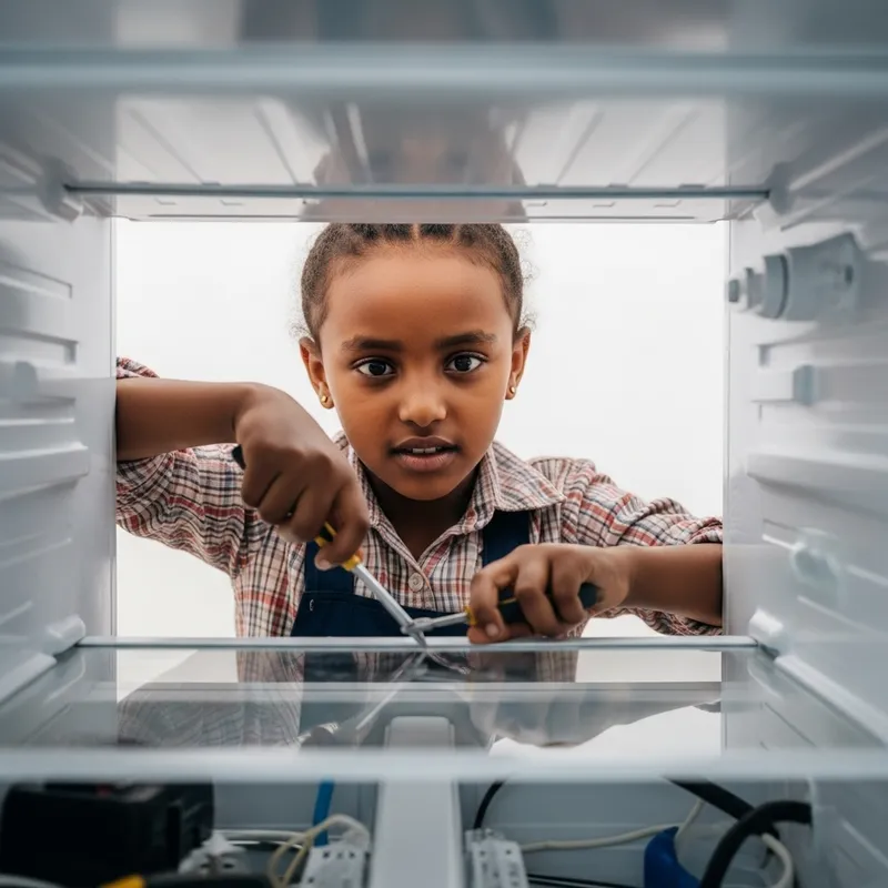 Heartwarming Image of Determined Ethiopian Girl Fixing Refrigerator