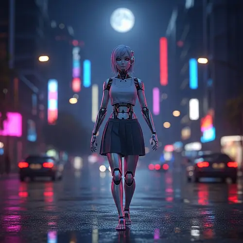 Cyborg Girl in Neon-Lit Metropolis at Night