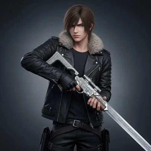 Unique Sword-Firearm-Wielding Character in Black Leather Jacket