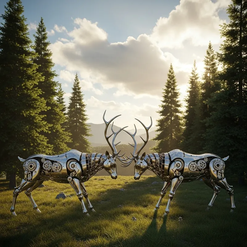 Mechanical Deer Clash Amidst Serene Steampunk Landscape