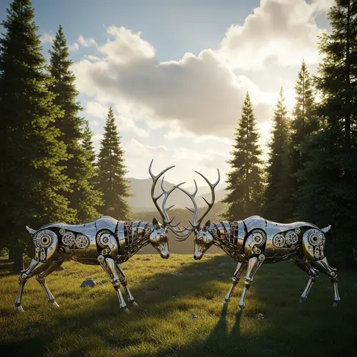 Mechanical Deer Antler Clash in Serene Landscape