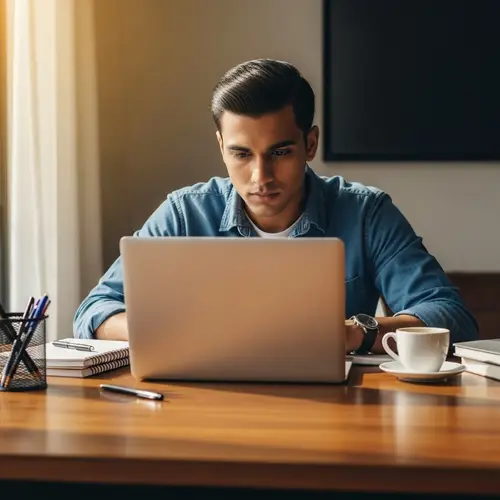 Determined South Asian Male Student Studying with Laptop at Wooden Desk
