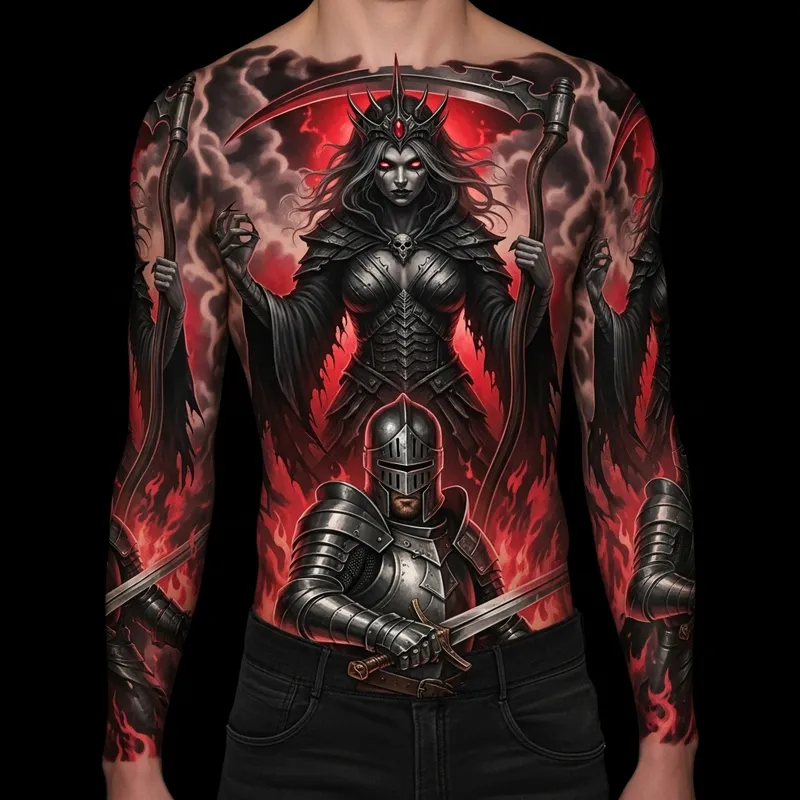Reaper Girl and Knight Tattoo Sleeve Design: Powerful Visual Narrative