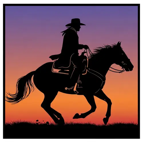 Cowboy Riding Horse Silhouette at Sunset | Old West Scene Art