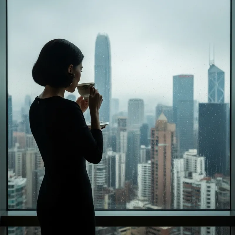 Elegant Woman Enjoying Coffee Facing Cityscape in Rain