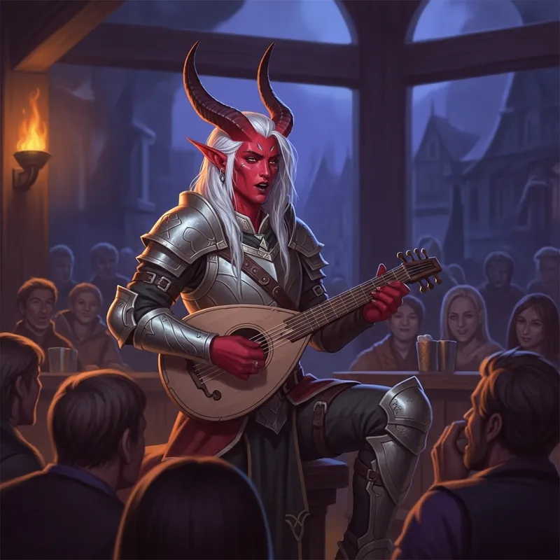 Tiefling Bard with White Hair and Lute in Fantasy Tavern