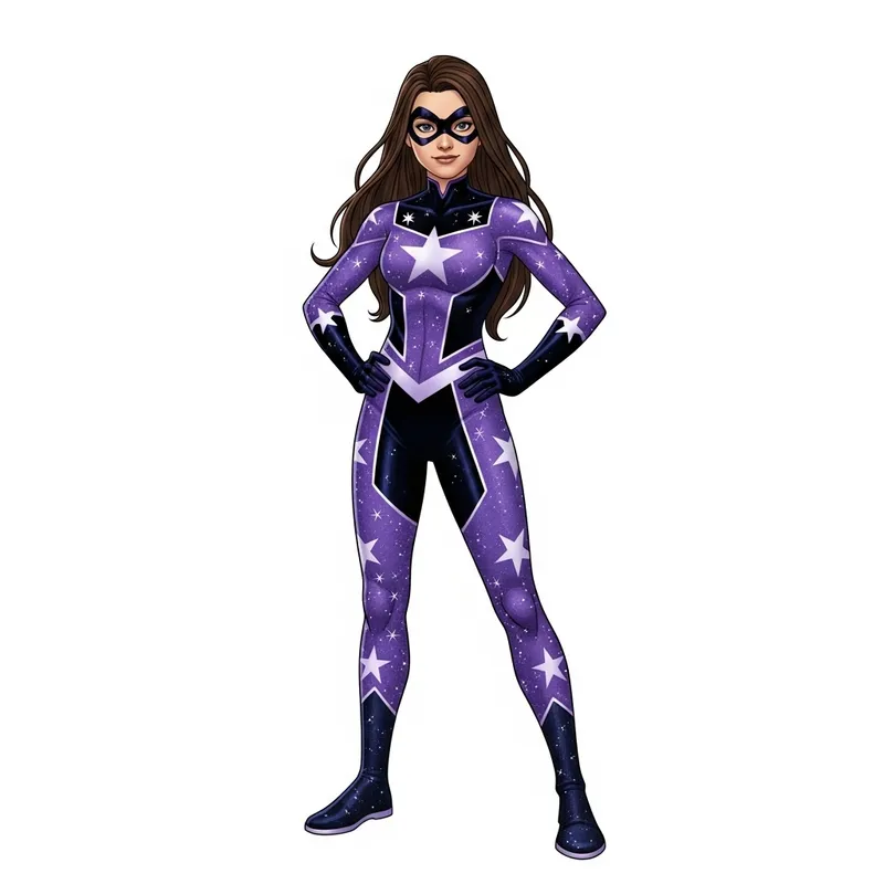 14-Year-Old Superheroine | Long Brunette Hair | Purple Black Stars Suit