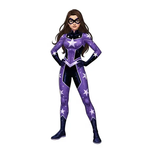 14-Year-Old Superheroine with Long Brunette Hair in Purple and Black Suit