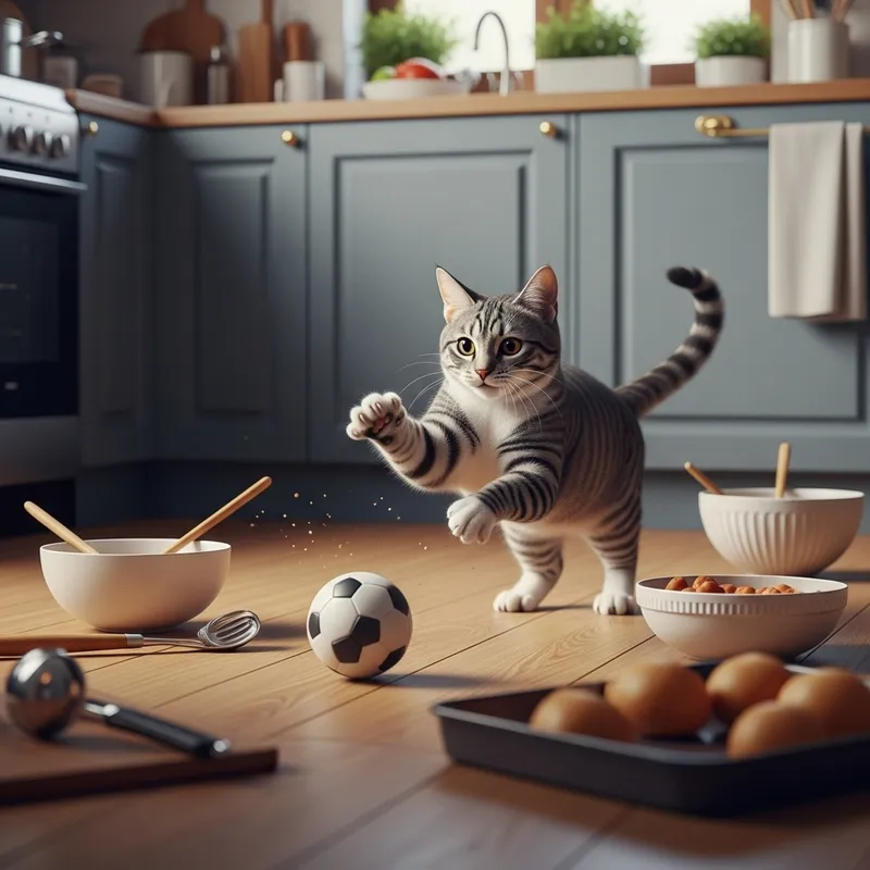 Playful Cat Playing Soccer in Kitchen