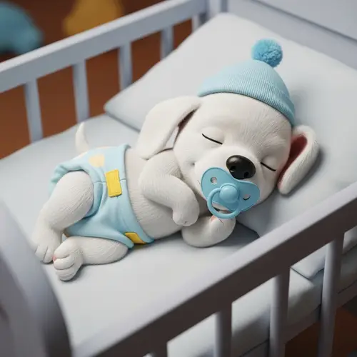 Adorable 0-Month-Old Cartoon Puppy in Diapers Sleeping in Crib