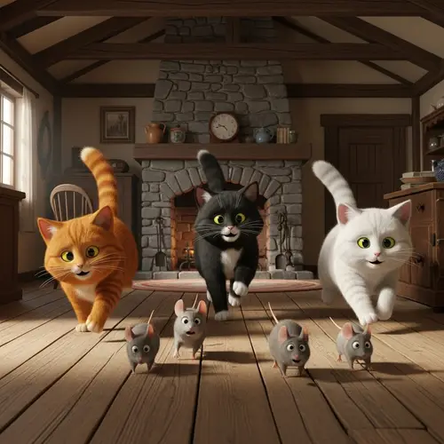 Animated Cats Chasing Five Mice in Rustic House