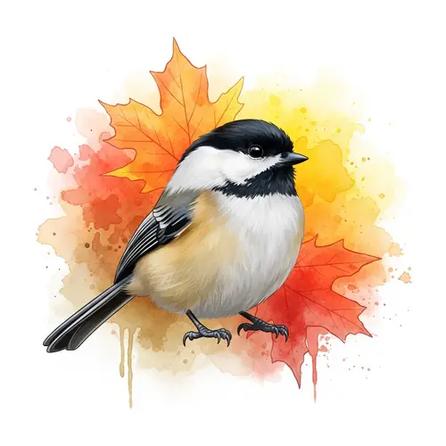 Large Chickadee with Watercolor Fall Background
