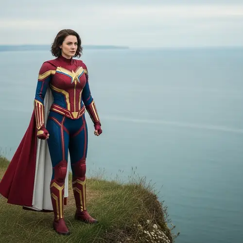 Realistic Superhero Woman Posed on Cliff Overlooking Sea