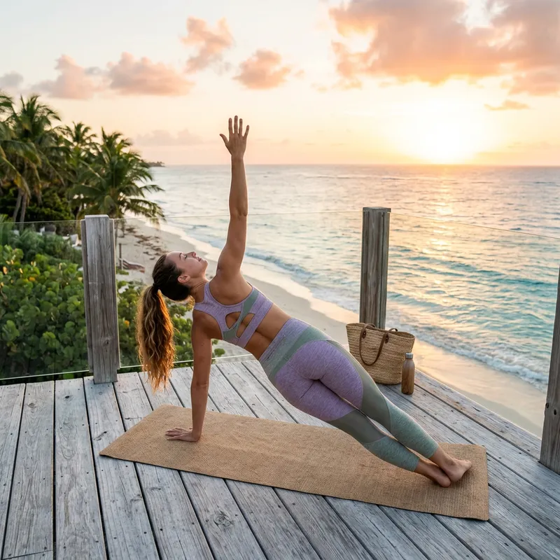 Sunrise Yoga in Trendy Activewear by the Ocean