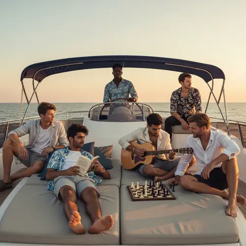 Luxurious Yacht Scene with Male Models at Sunset