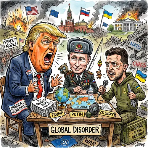Caricature of Trump, Putin, and Zelensky