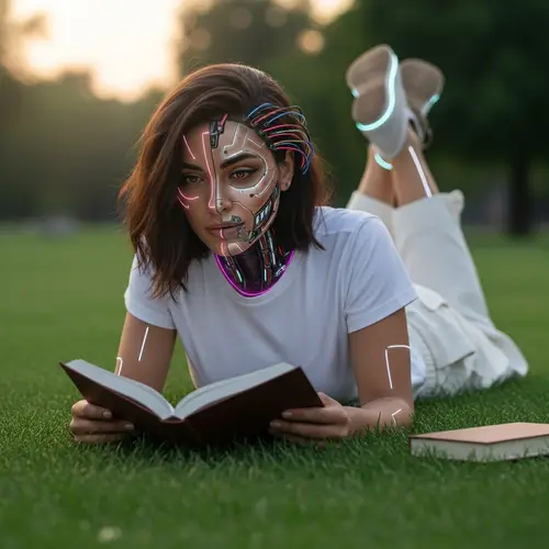 Futuristic Middle-Eastern Woman Reading Book in Park