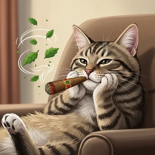 Whimsical Cat Enjoying Catnip Cigar | Funny Illustration
