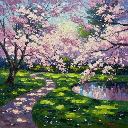 Impressionist Cherry Blossom Garden Painting