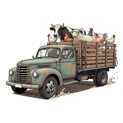 Vintage Farm Truck with Farm Animals - Rustic Charm Illustration