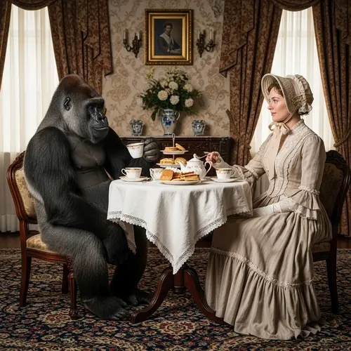 Gorilla and Victorian Woman: A Tea Party Surprise