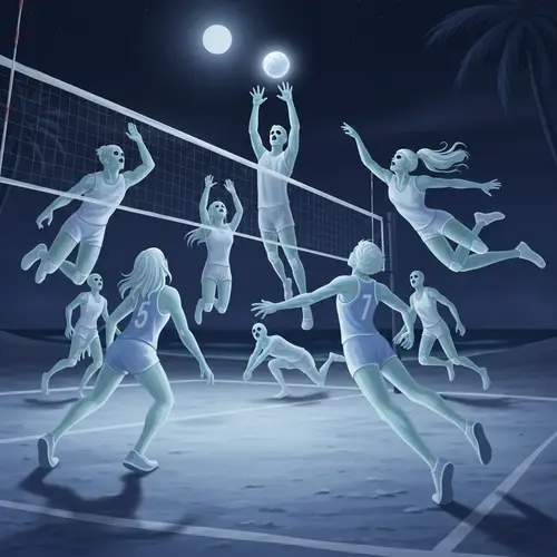Ethereal Ghosts Volleyball Team Play on Moonlit Beach