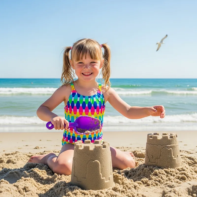 Young Girl in Colorful Swimsuit Building Sandcastle at Beach