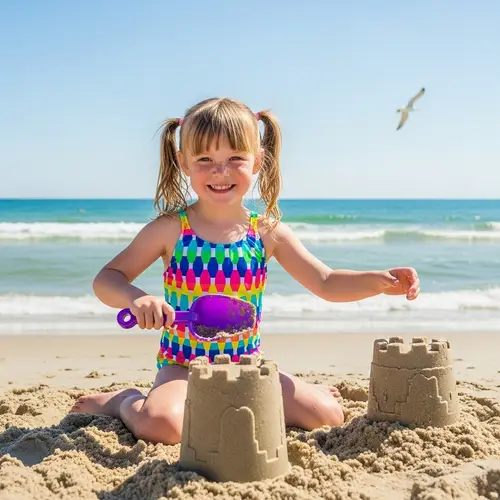 Young Girl in Colorful Swimsuit Building Sandcastle at Beach