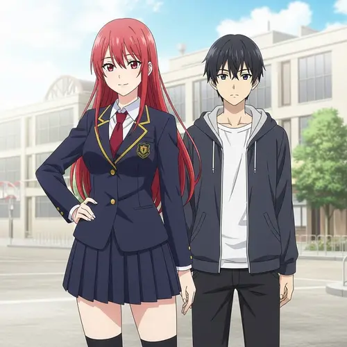Rias Gremory and Boy: Confident Duo in School Uniforms