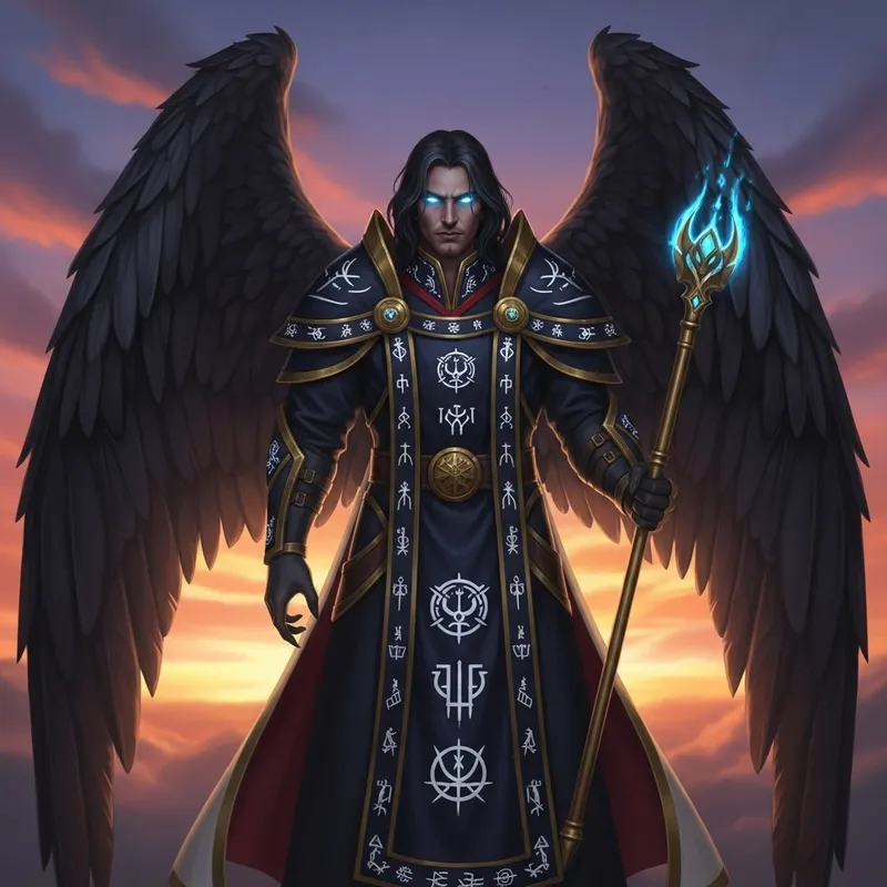 Lucifer: Mythical Figure with Glossy Black Wings and Golden Scepter