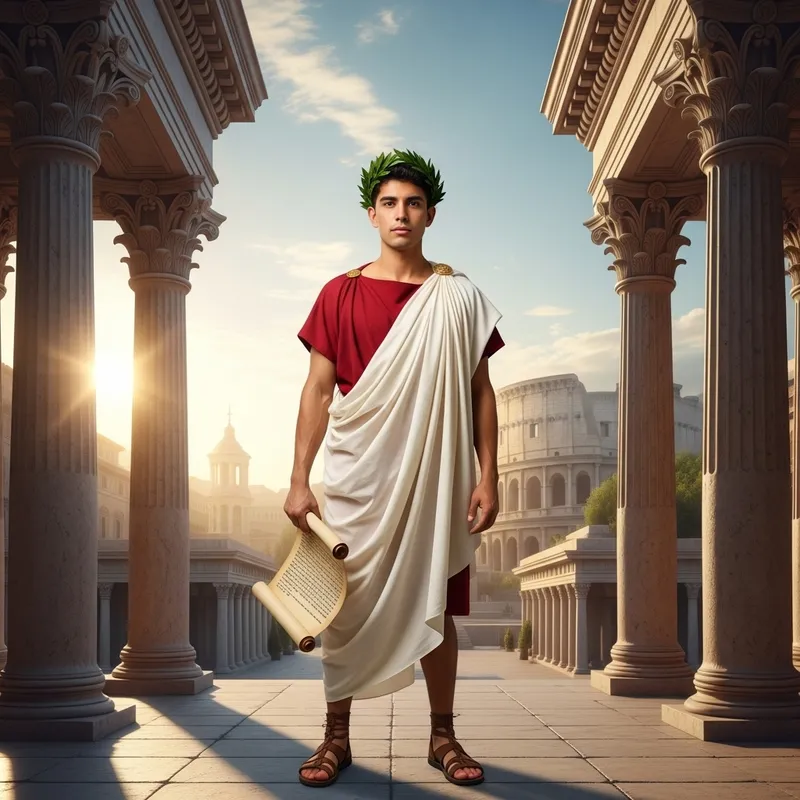Hispanic Male Dressed as Roman Soldier