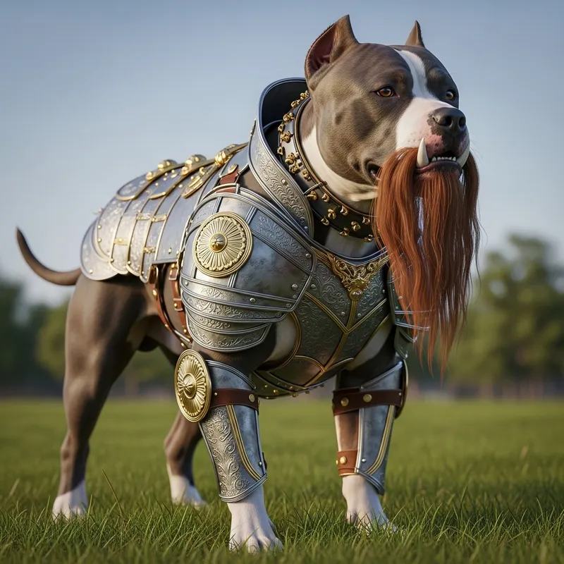 Sturdy Pitbull in Intricate Armor with Long Beard Sturdy Pitbull in Intricate Armor with Long Beard
